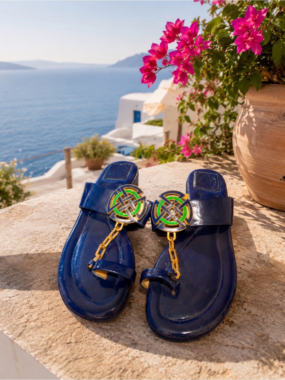 Tory Burch size 7.5 Dean pattern leather royal navy blue sandal slipper